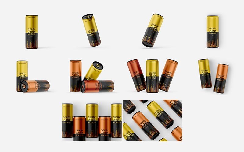 10 Shots of Energy Drink Can Mockup