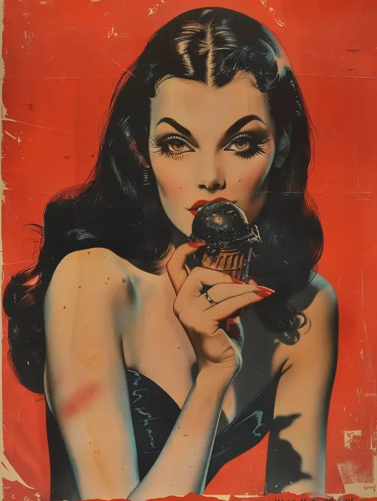 1950s Technicolor Vampira Eating Ice Cream ai prompt preview