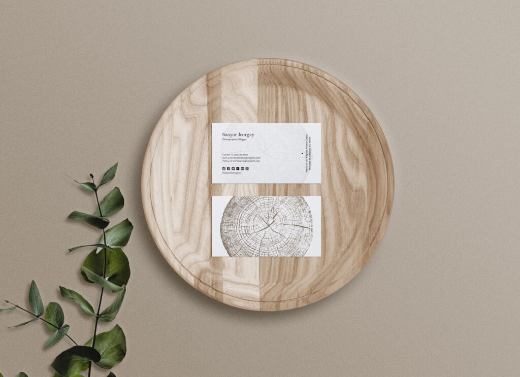 2 Business Cards on Wooden Tray Mockup with Leaves