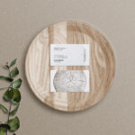 2 Business Cards on Wooden Tray Mockup with Leaves