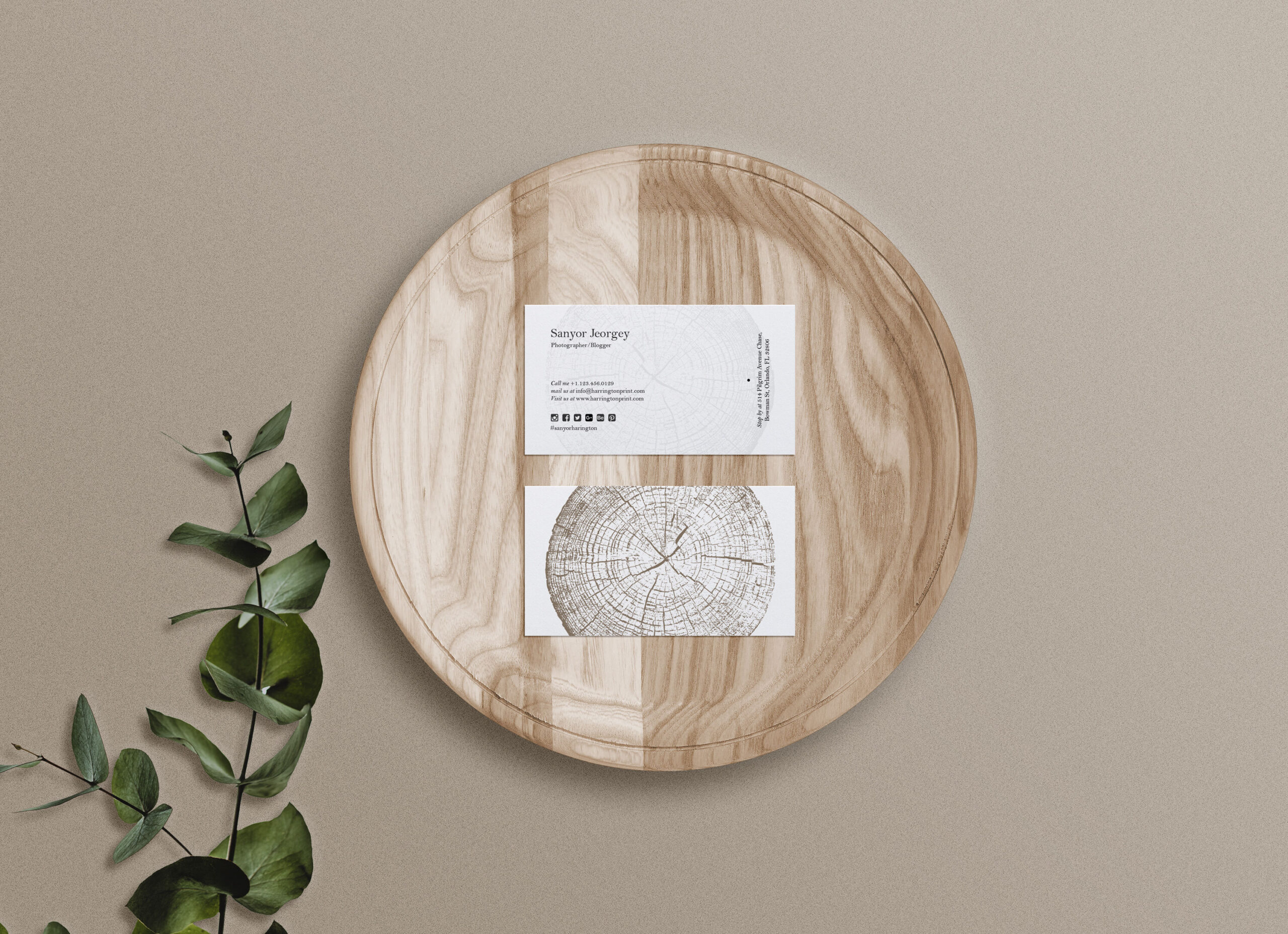2 Business Cards on Wooden Tray Mockup with Leaves FREE PSD