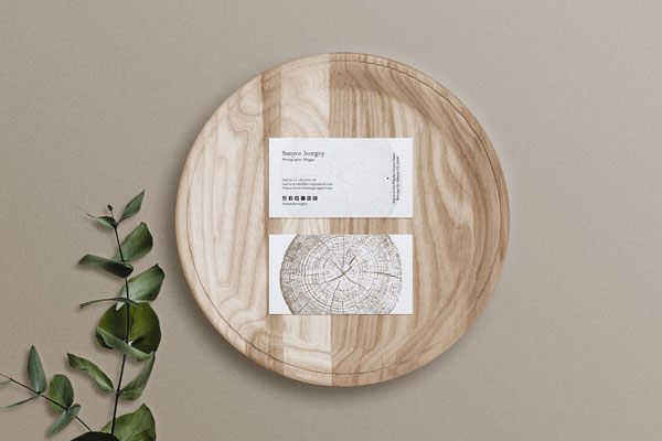 2 Business Cards on Wooden Tray Mockup with Leaves