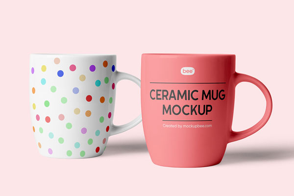2 Ceramic Mugs Mockup in Front View
