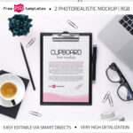 2 Clipboard Mockups with Pencil, Pins and a Cup of Coffee and Other Items