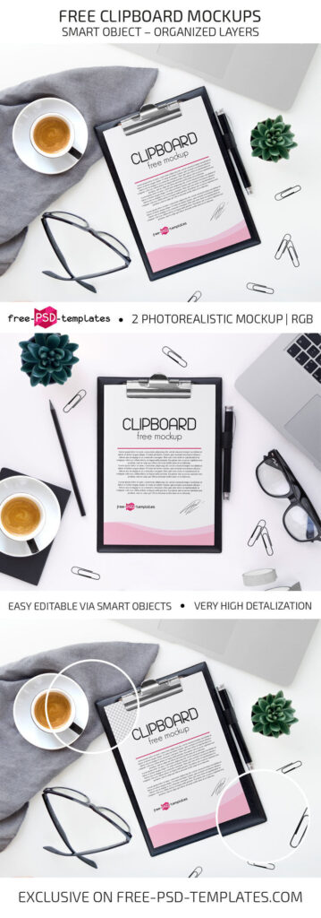 2 Clipboard Mockups with Pencil, Pins and a Cup of Coffee and Other Items