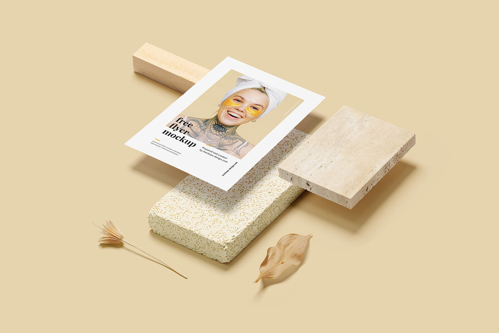 2 Floating A5 Flyer Mockups with Stone, Wood, and Plant FREE PSD