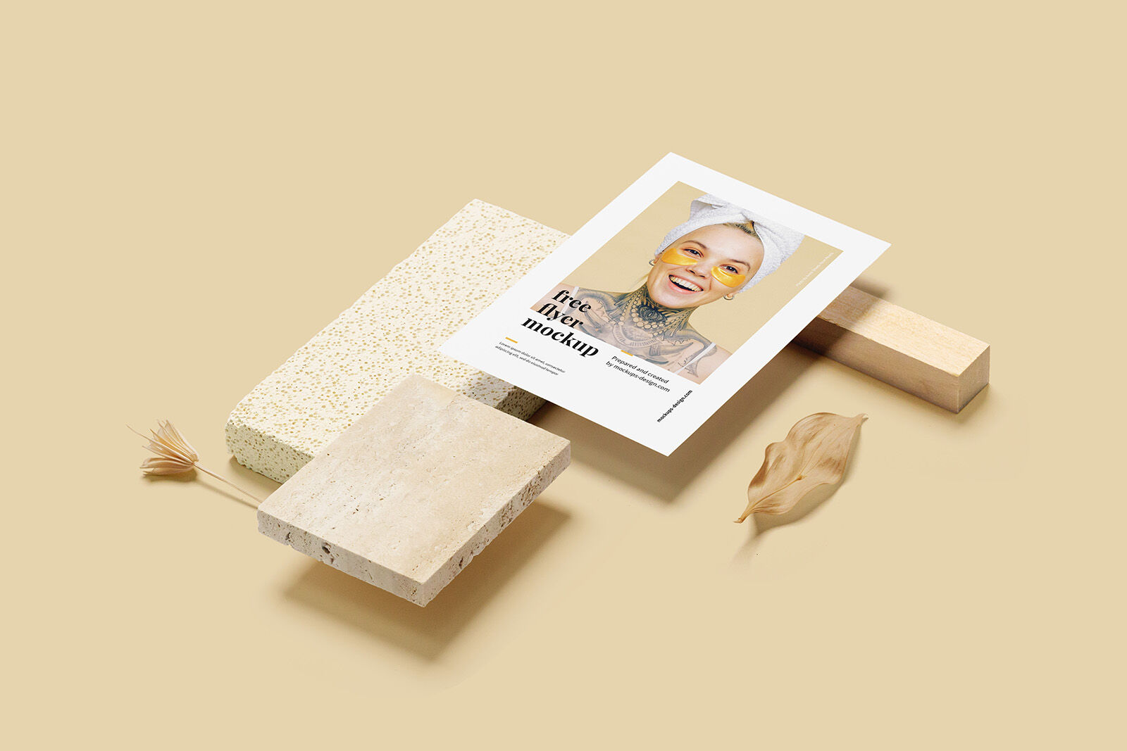 2 Floating A5 Flyer Mockups with Stone, Wood, and Plant FREE PSD