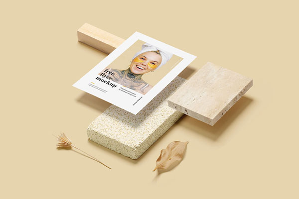 2 Floating A5 Flyer Mockups with Stone, Wood, and Plant