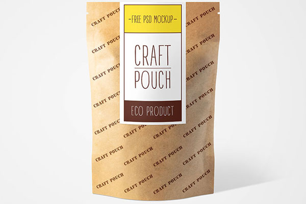 2 Front-View Mockups of Stuffed, Kraft Pouches in Different Positions