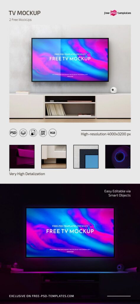 2 Front View TV Mockups with TV Stand