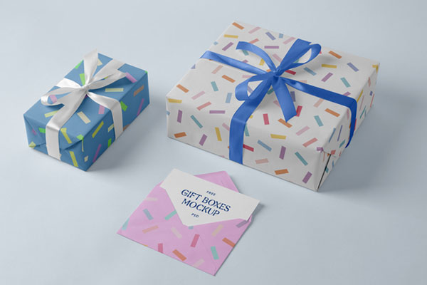 2 Gift Boxes at Different Sizes Mockup with Card and Envelope