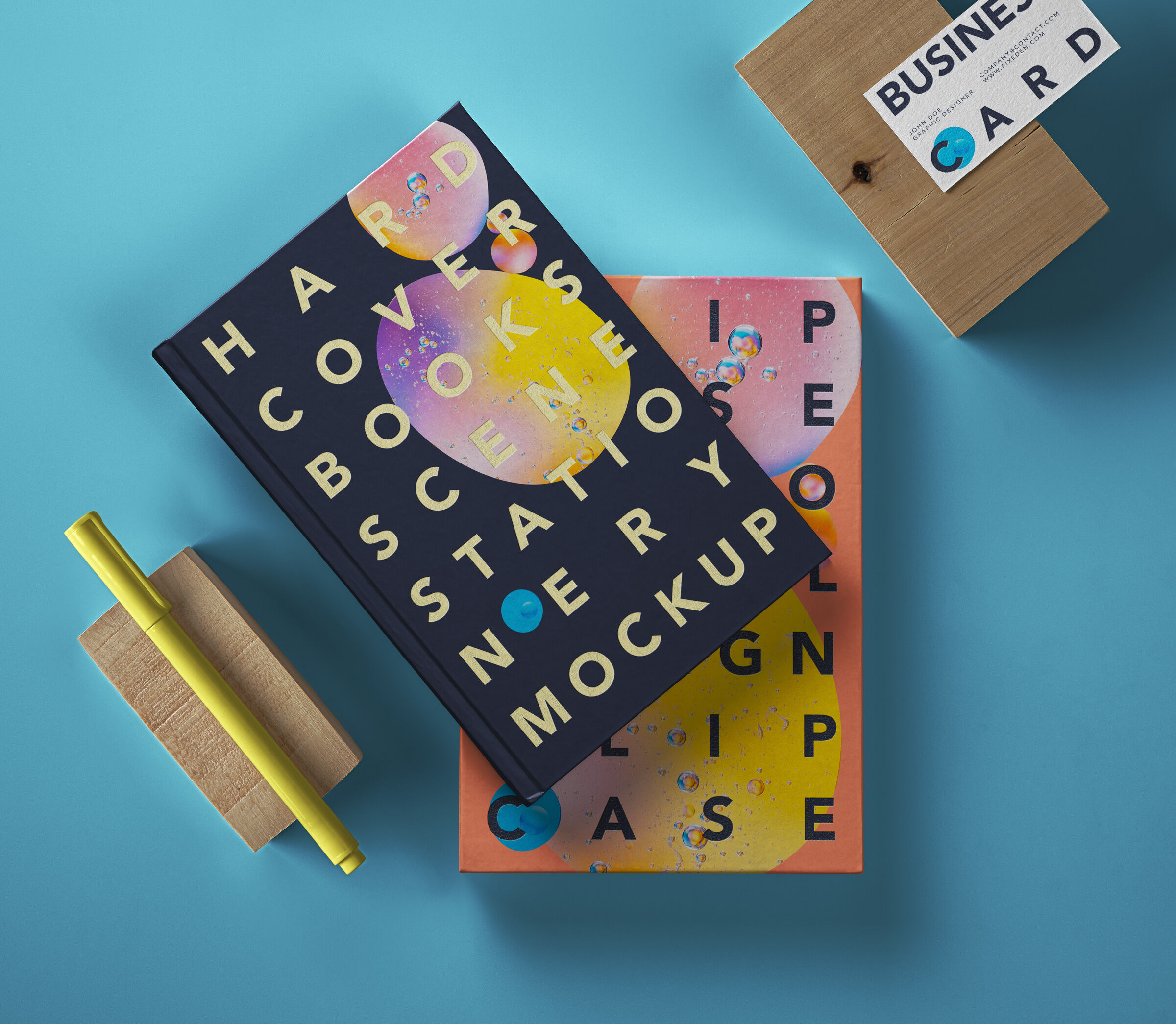 2 hardcover book PSD Mockup With Stationery FREE PSD
