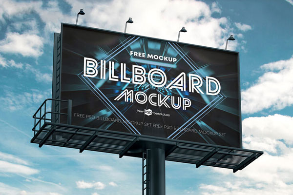 2 Low-angle View Mockups of a Horizontal Metal Pole Billboard