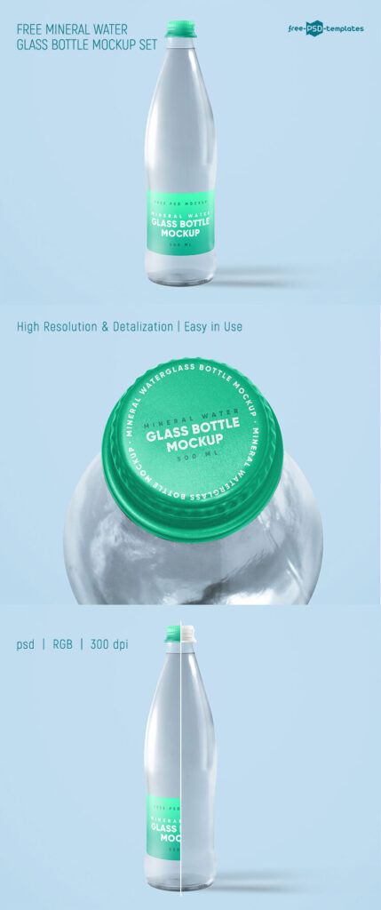 2 Mineral Water Glass Bottle Mockups in Different Views