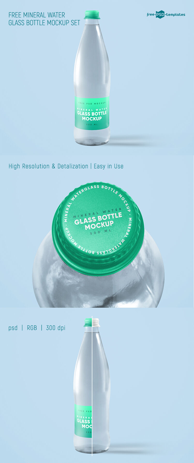 2 Mineral Water Glass Bottle Mockups in Different Views FREE PSD