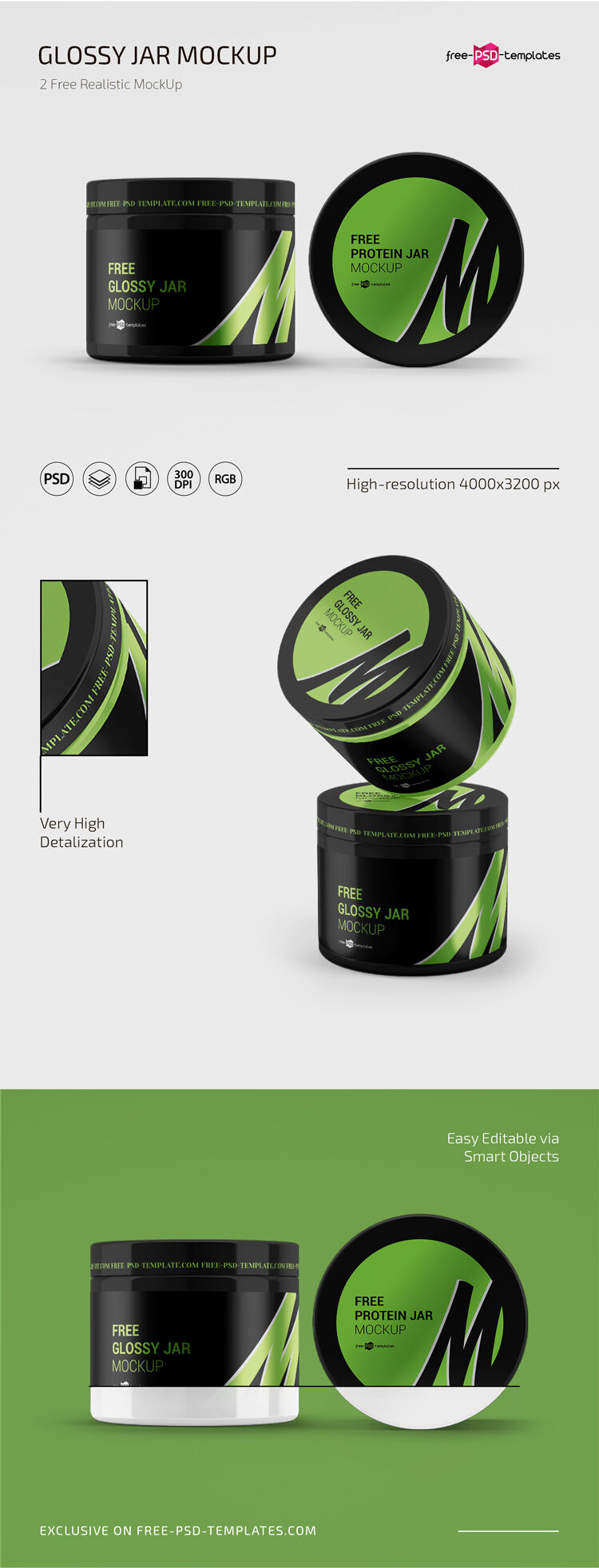 2 Mockups Featuring 2 Glossy Jars in Different Settings FREE PSD