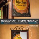 2 Mockups Featuring Restaurant Menu on Wall and Hanging Signboard