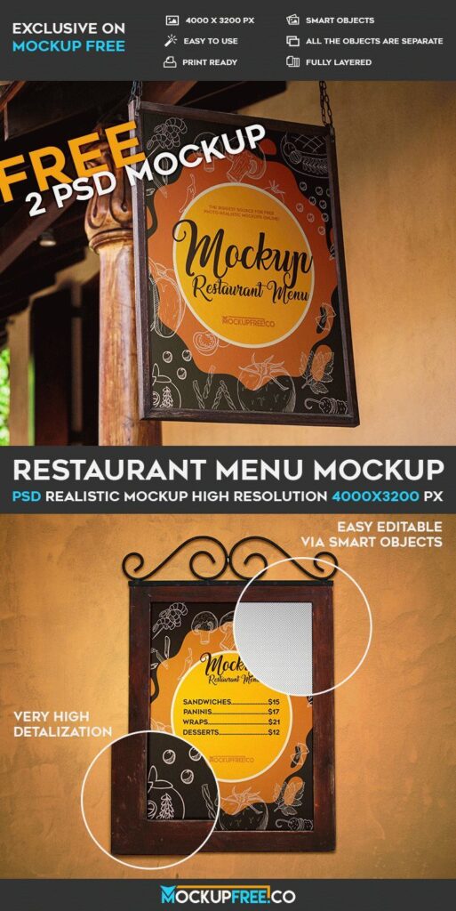 2 Mockups Featuring Restaurant Menu on Wall and Hanging Signboard
