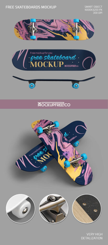 2 Mockups Featuring Skateboards in Different Views and Positions