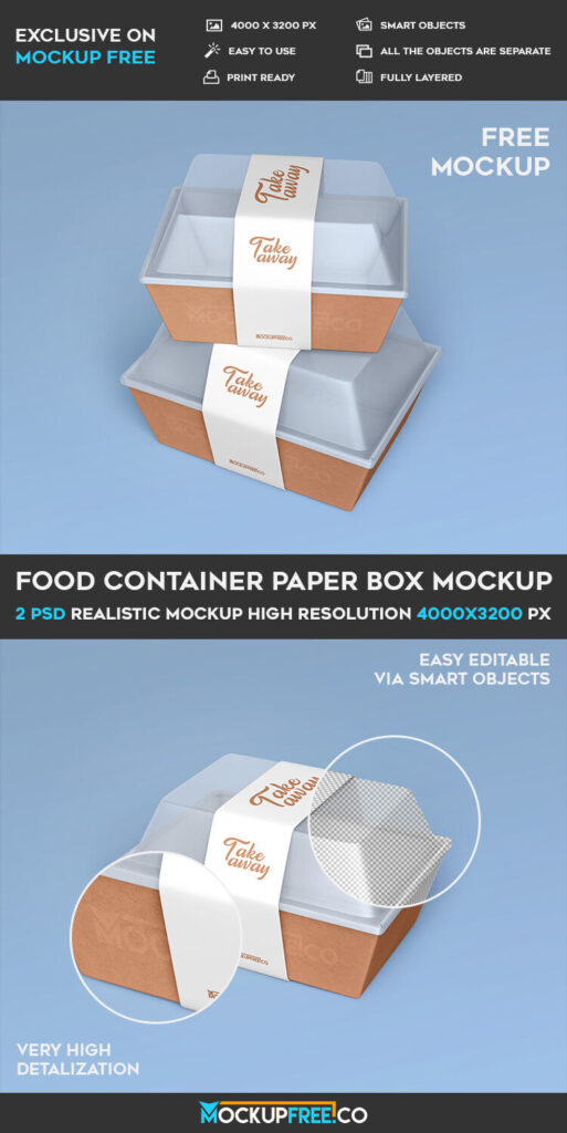 2 Mockups Featuring Take-away Food Container with Paper Band