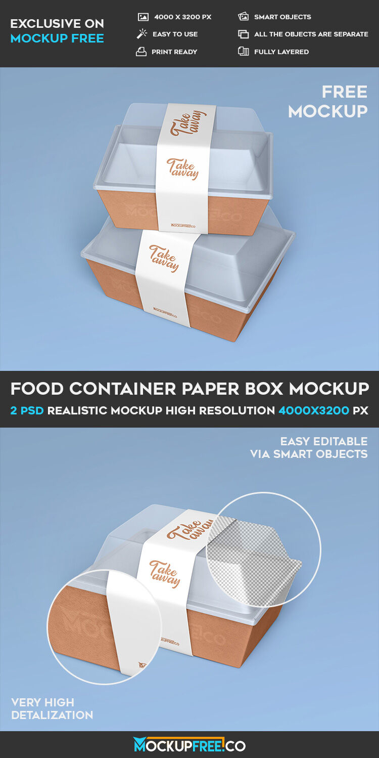 2 Mockups Featuring Take-away Food Container with Paper Band FREE PSD