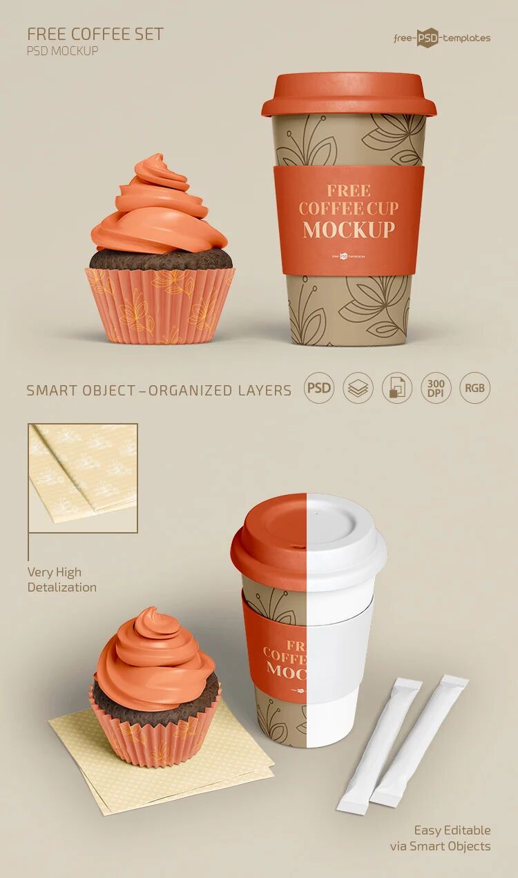 2 Mockups of Coffee Cup Set with Cup Cake FREE PSD