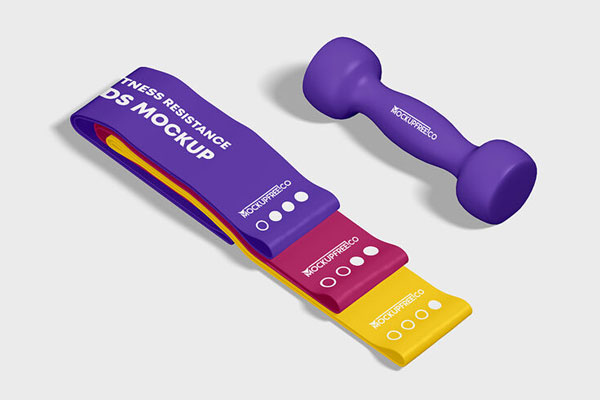 2 Mockups of Fitness Resistance Bands and Dumbbell