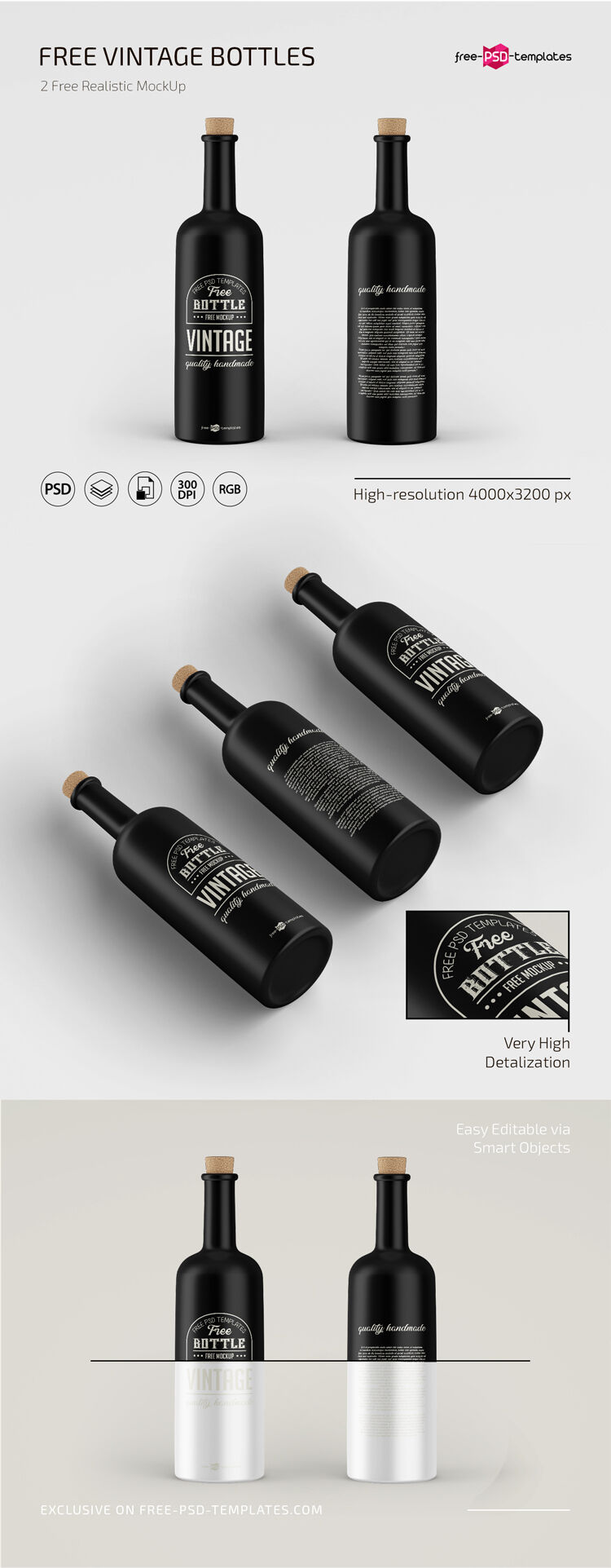 2 Mockups of Wine Bottles in Different Views FREE PSD