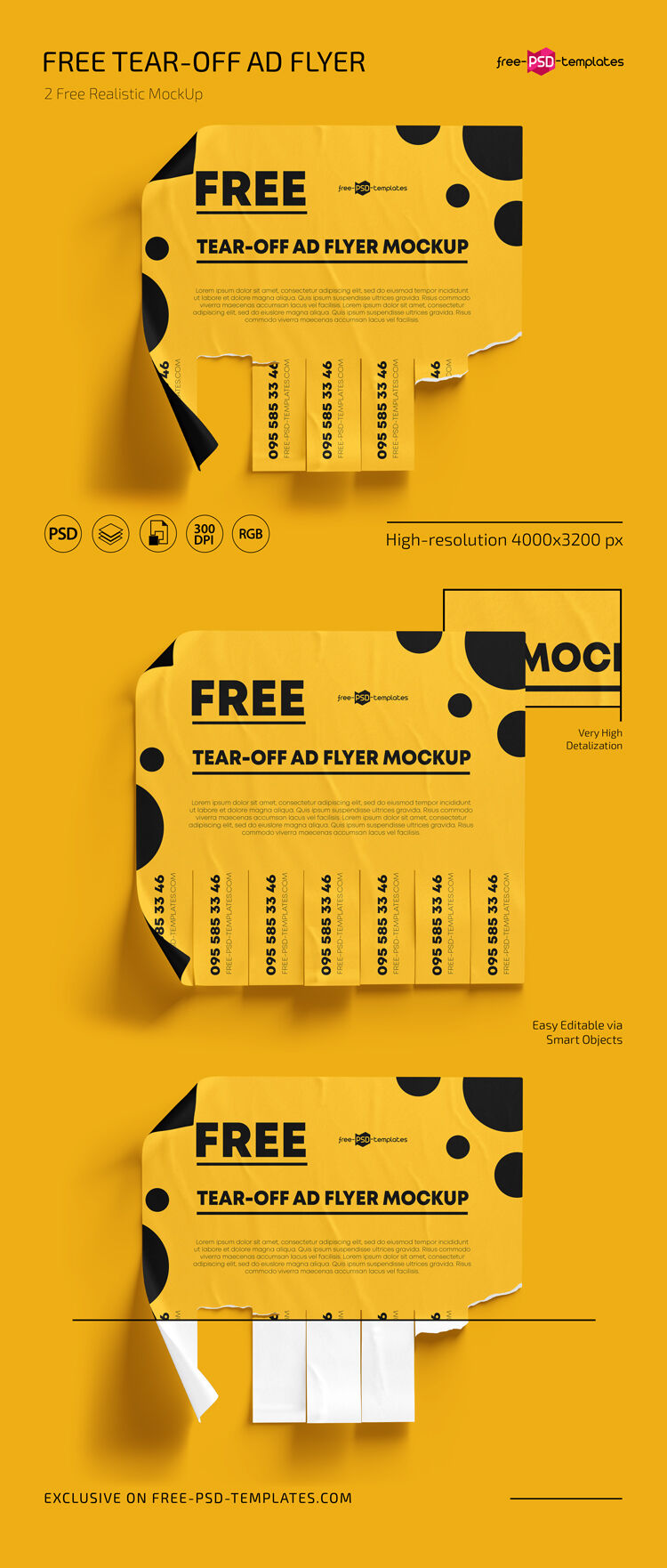 2 Mockups of Wrinkled Tear-Off Flyers Glued to the Wall FREE PSD