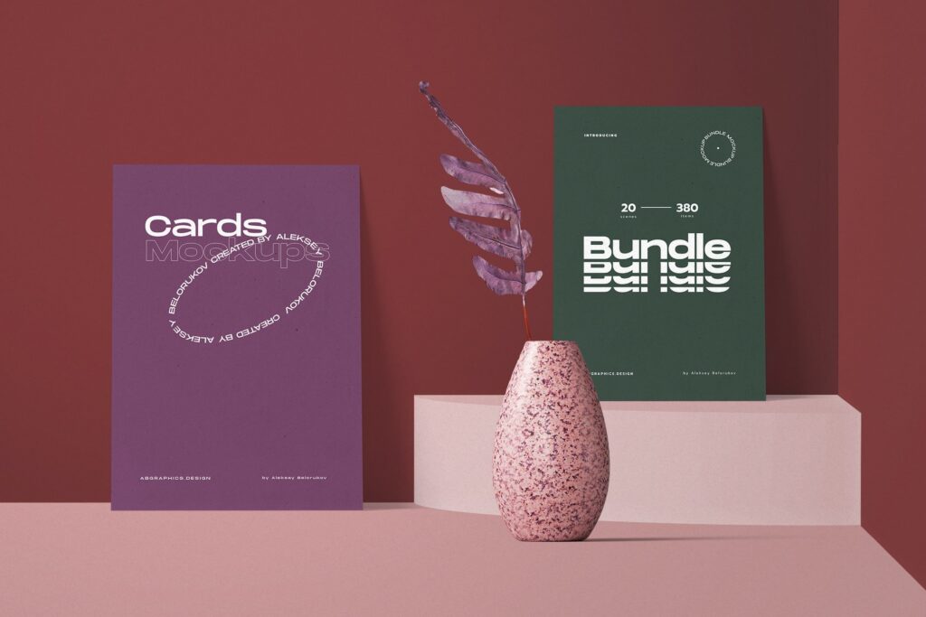 2 Paper Cards Mockup with Plant Vase in Front View mockup preview