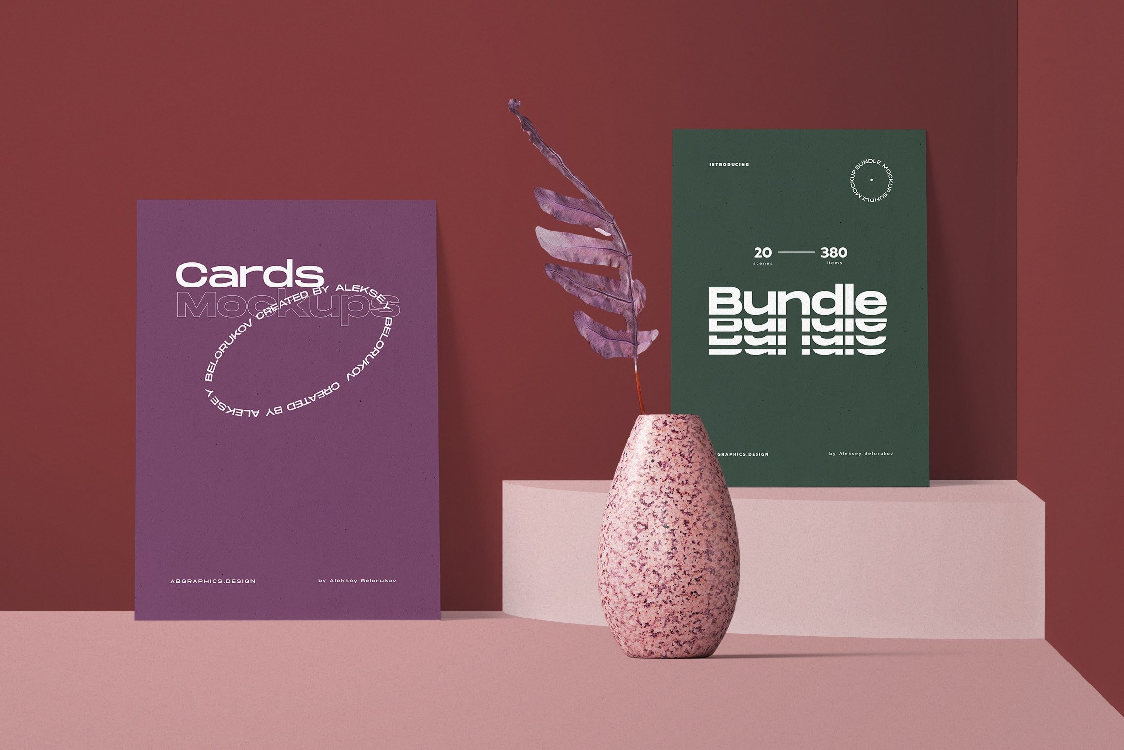2 Paper Cards Mockup with Plant Vase in Front View FREE PSD