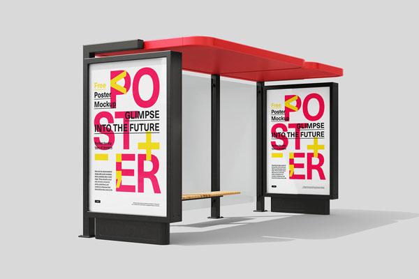 2 Perspective Bus Stop with Citylight Mockups From Back and Front