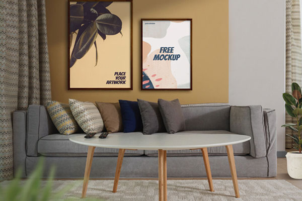 2 Poster Frames on a Living Room Wall Mockup