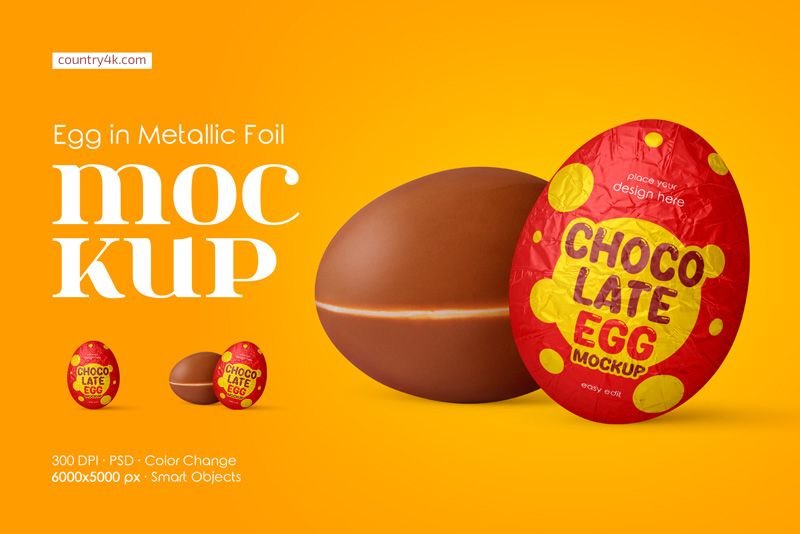 2 Shots of Chocolate Egg in Metallic Foil Mockup