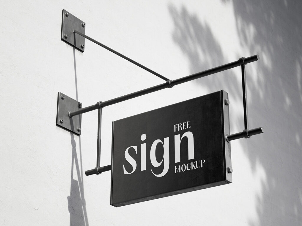 2 Shots of Hanging Sign Mockup on Blank Wall