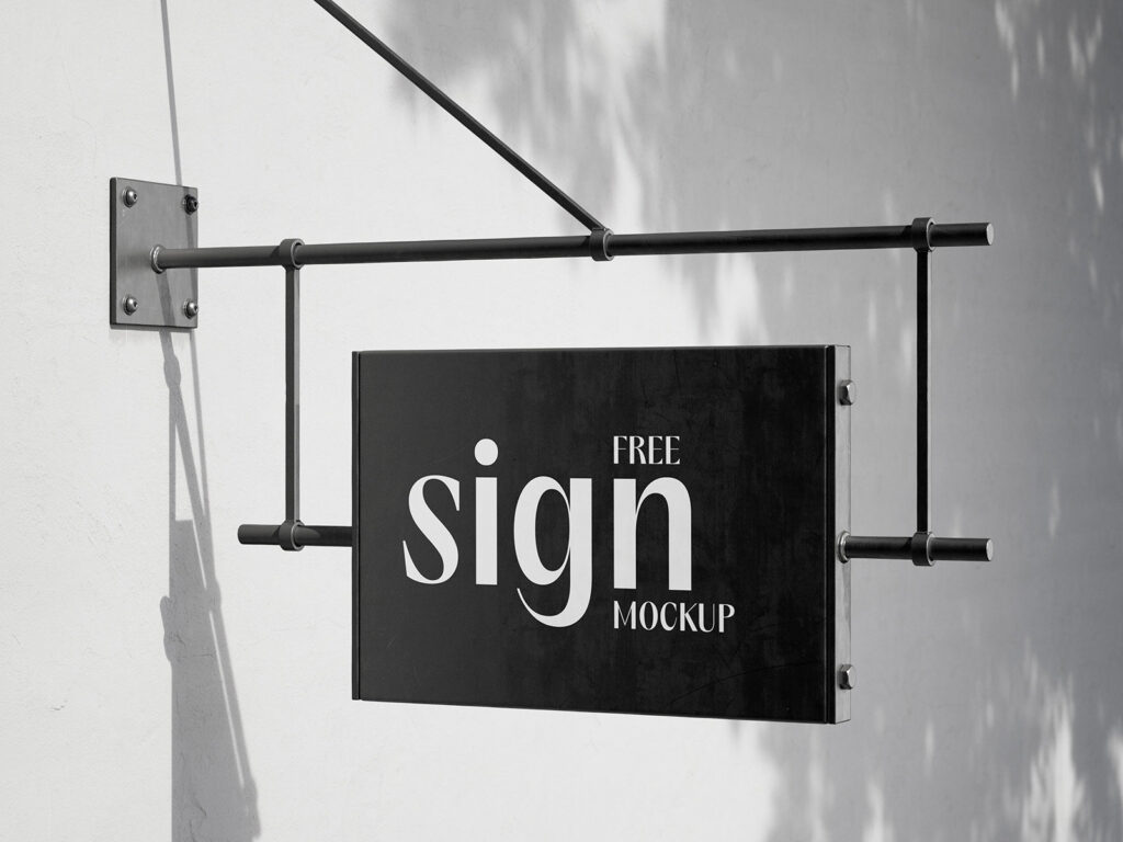 2 Shots of Hanging Sign Mockup on Blank Wall