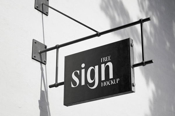 2 Shots of Hanging Sign Mockup on Blank Wall