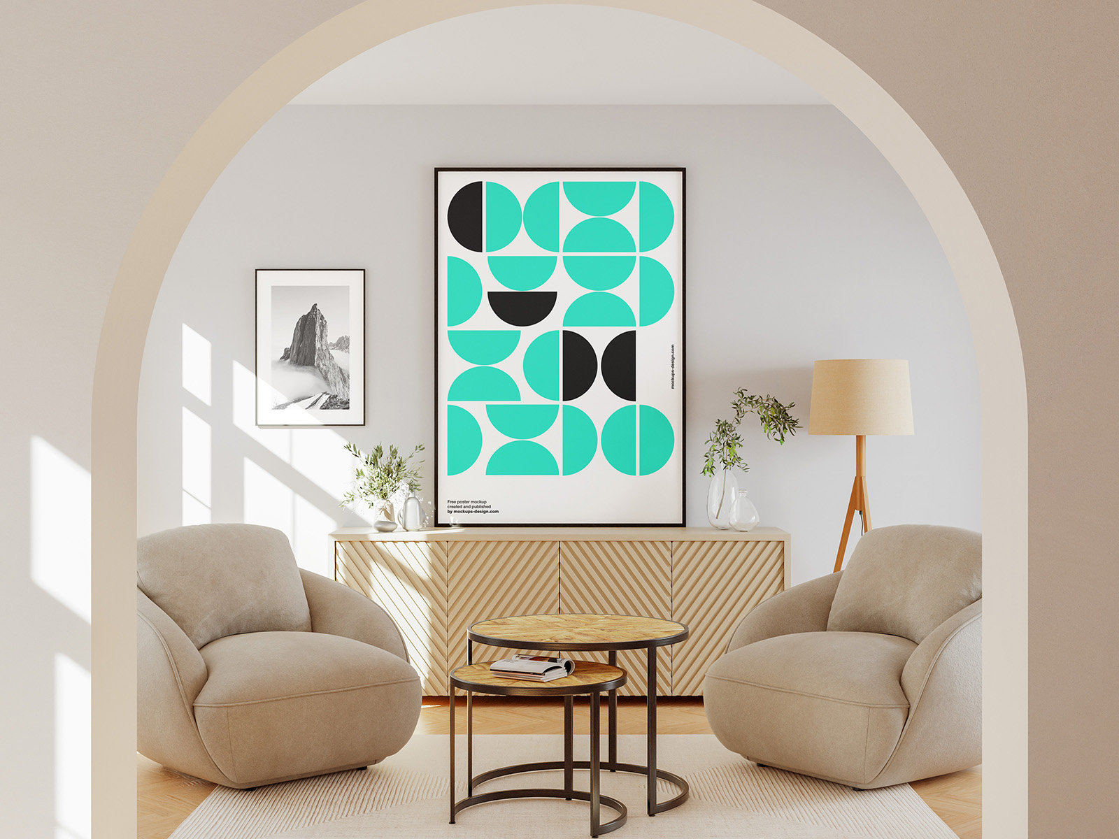 2 Showcase of Poster Mockup in Bright Sunny Room FREE PSD