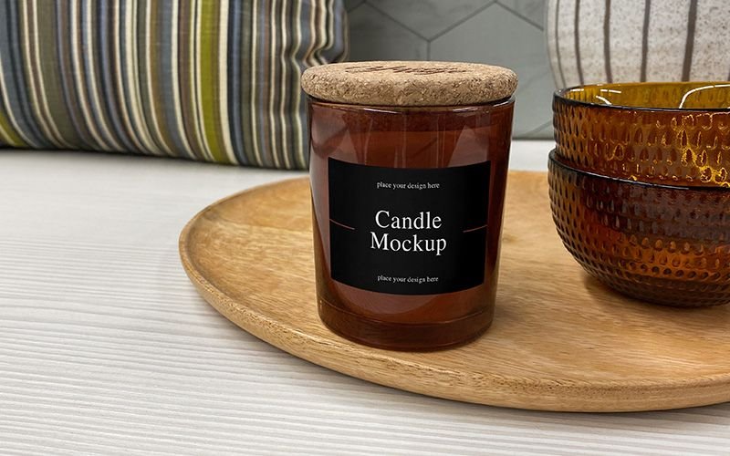 2 Showcases of Candle Jar Mockup in Wooden Plate FREE PSD