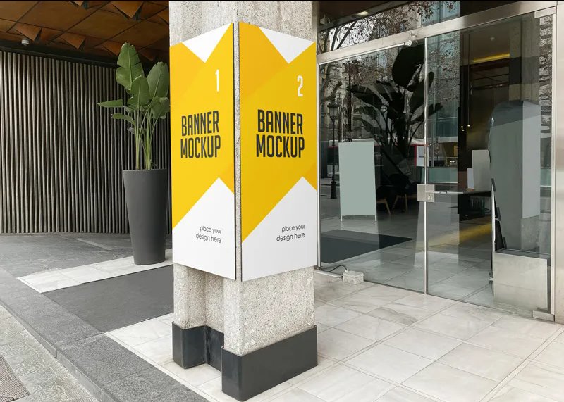 2 Sights of Banner Advertising Mockup on Cement Pole