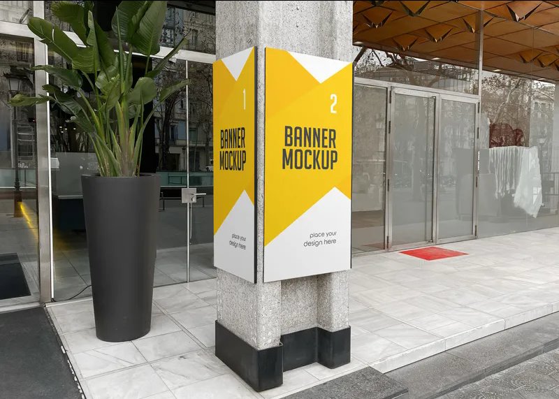 2 Sights of Banner Advertising Mockup on Cement Pole