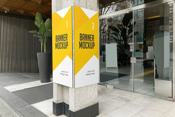 2 Sights of Banner Advertising Mockup on Cement Pole