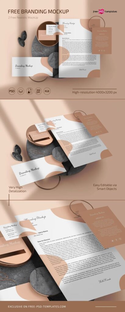 2 Stationery Branding Mockups in Top and Perspective Views