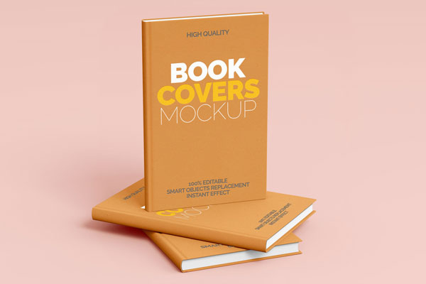3/4 View 3 Hardcover Books Standing and Laying Down Mockup