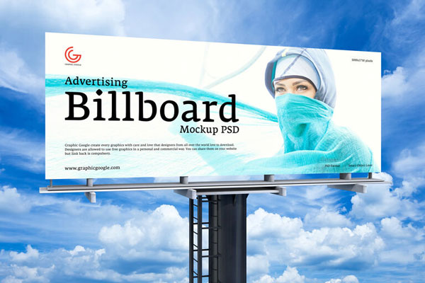 3/4 View Advertising Billboard on Pole Against Sky Mockup