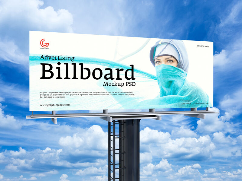 3/4 View Advertising Billboard on Pole Against Sky Mockup mockup preview