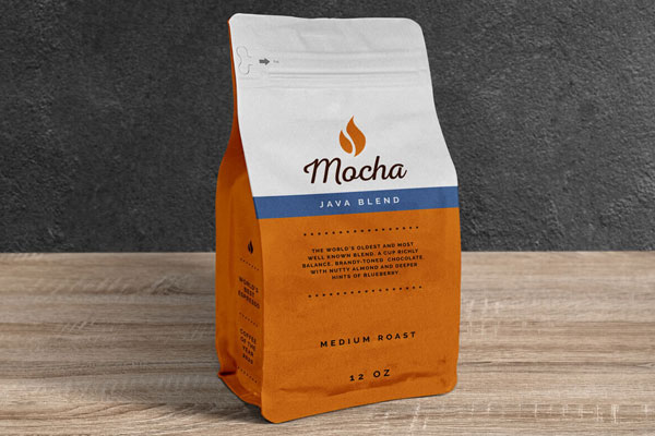 3/4 View Coffee Pouch Packaging Bag Mockup on Wooden Floor
