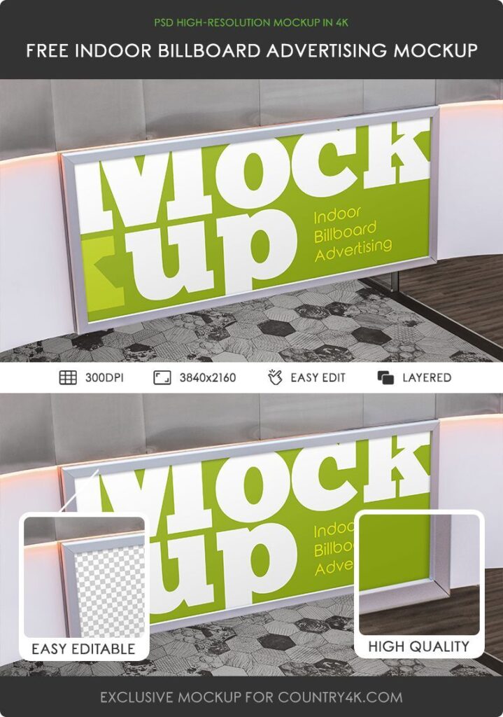 3/4 View Indoor Billboard Advertisement Against Wall Mockup