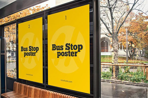 3/4 View Mockup of Two Bus Stop Posters in Autumn