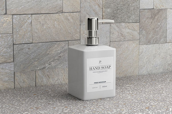 3/4 View of a Liquid Soap Dispenser Bottle on Ceramic Surfaces Mockup